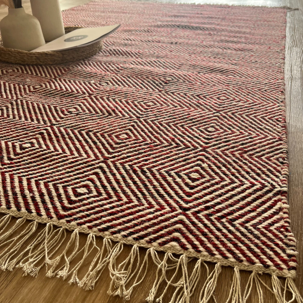 Rolf Geometric Diamond Wool Rug - Red and Black, 120 x 180cm
