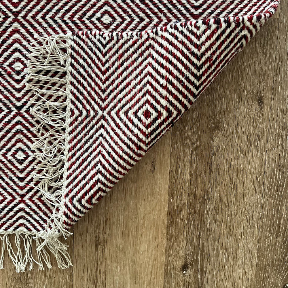 Rolf Geometric Diamond Wool Rug - Red and Black, 120 x 180cm