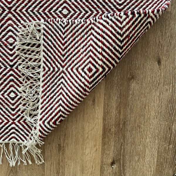 Rolf Geometric Diamond Wool Rug - Red and Black, 120 x 180cm