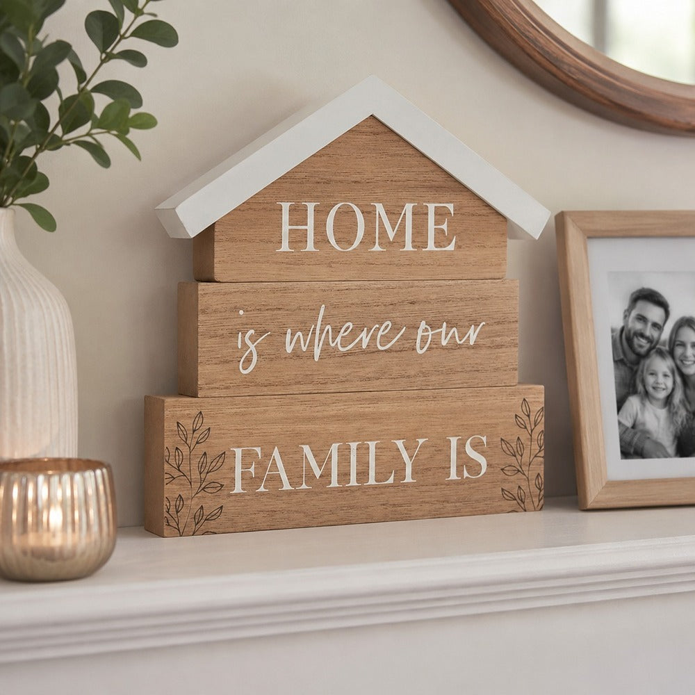 Moments House Family Mantel Plaque - Wood-Effect, Freestanding Sign