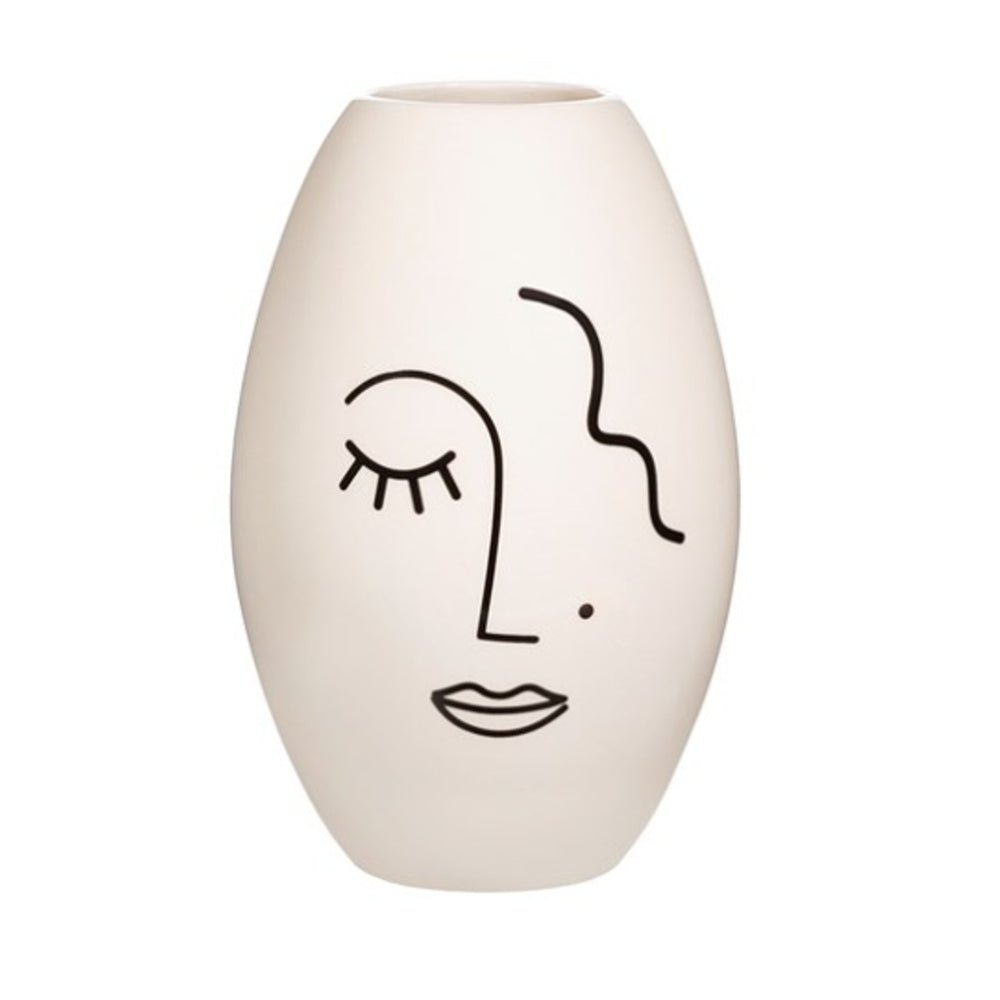 Abstract Face Line Art Decorative Vase - White, Large, Matte Finish