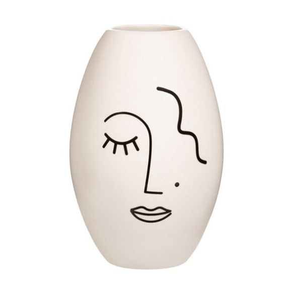 Abstract Face Line Art Decorative Vase - White, Large, Matte Finish
