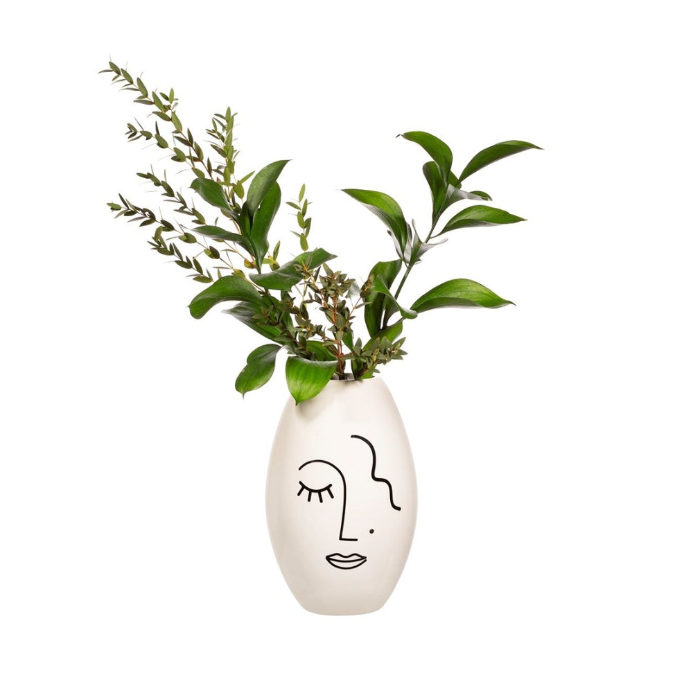 Abstract Face Line Art Decorative Vase - White, Large, Matte Finish