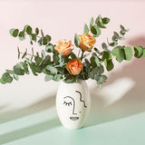 Abstract Face Line Art Decorative Vase - White, Large, Matte Finish