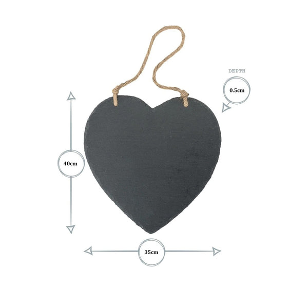 Large Heart Hanging Slate Plaque - Jute Cord, Reusable Chalk Surface