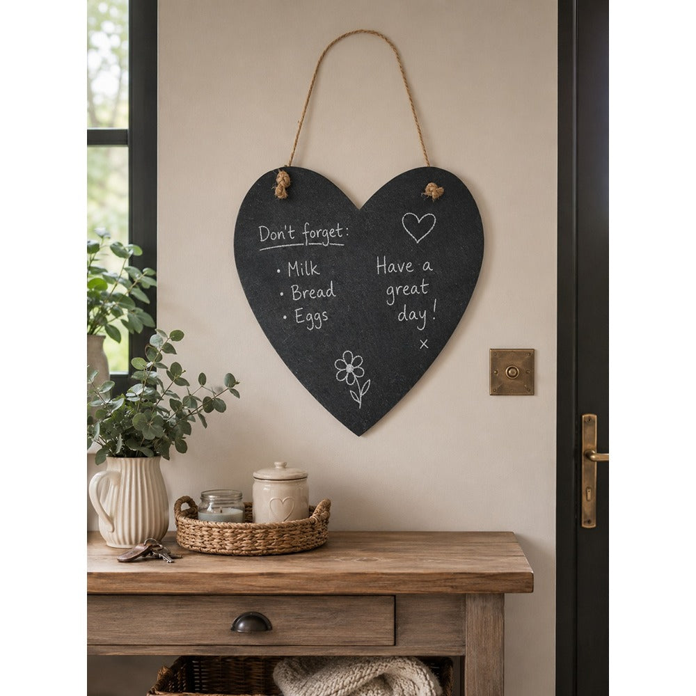 Large Heart Hanging Slate Plaque - Jute Cord, Reusable Chalk Surface