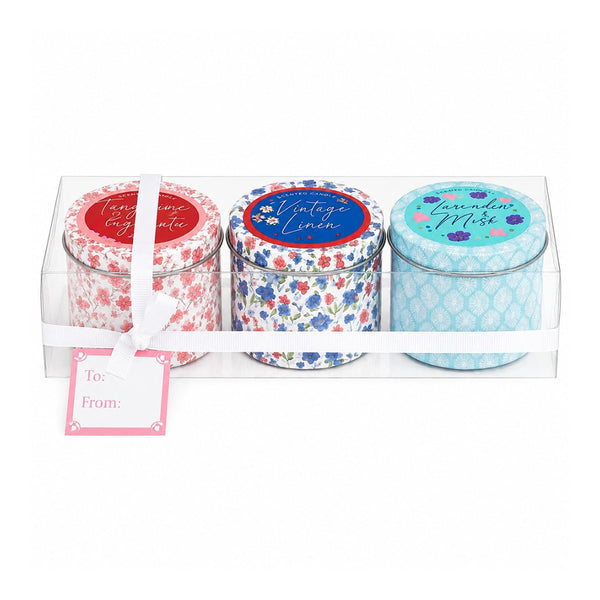 Set of 3 Scented Candle Tins - Assorted Floral Designs, Colours and Scents