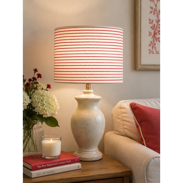 Red and Cream Striped Fabric Drum Lampshade - Woven Look Finish