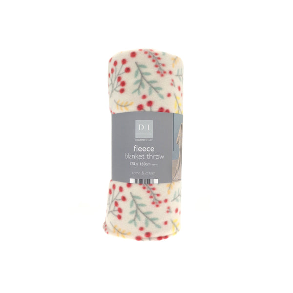 Autumnal Botanical Fleece Blanket Throw - 120 x 150cm, Cream