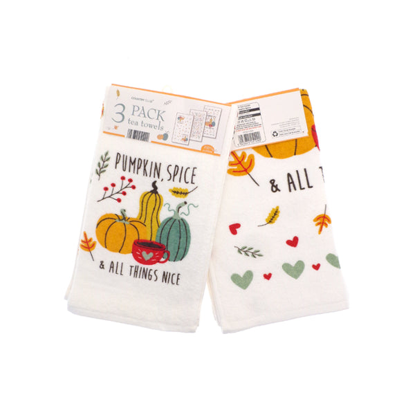 Pumpkin Spice Cotton Tea Towels - Pack of 3, Assorted Autumn Designs