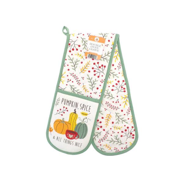 Pumpkin Spice Double Oven Glove - Autumn Print, Sage-Green Trim