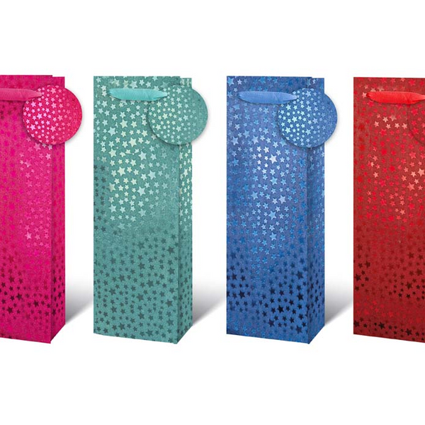 Star Pattern Bottle Gift Bag - Assorted Colours, Matching Gift Tag