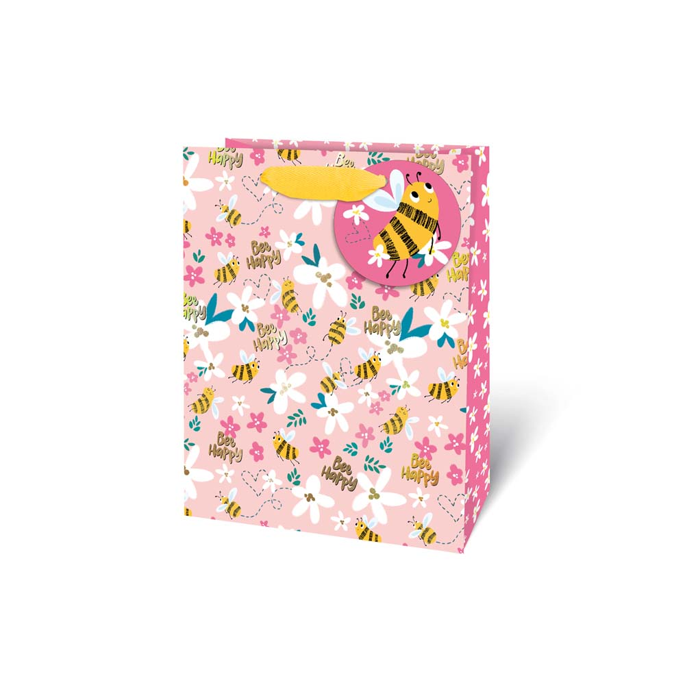 Bee Happy Floral Gift Bag - Medium, Pink, with Bee Gift Tag