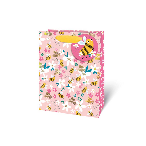 Bee Happy Floral Gift Bag - Medium, Pink, with Bee Gift Tag