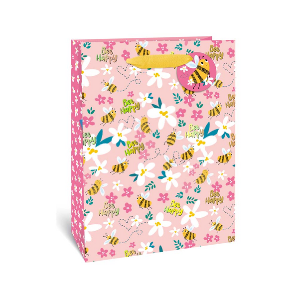 Bee Happy Large Gift Bag - Pink Floral Print, Yellow Rope Handles