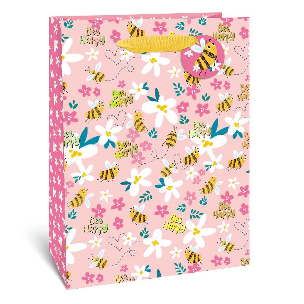Bee Happy Floral Bee Gift Bag - X Large, Pink, with Gift Tag
