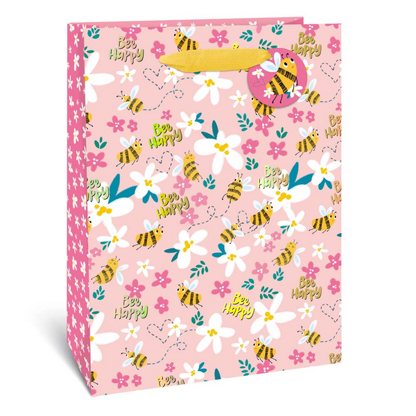 Bee Happy Floral Bee Gift Bag - X Large, Pink, with Gift Tag