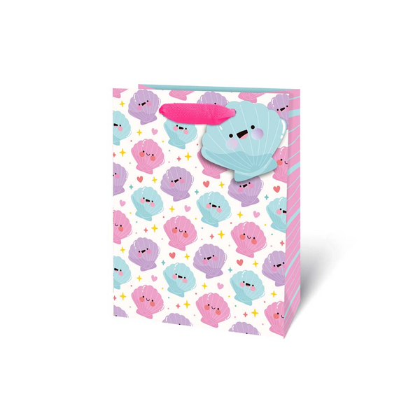 Medium Seashell Gift Bag - Pastel Shell Print, 3D Tag, Pink Handles