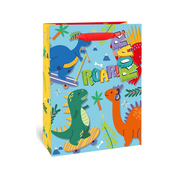 Large Dinosaur Design Gift Bag - ROAR! Lettering, Blue and Yellow