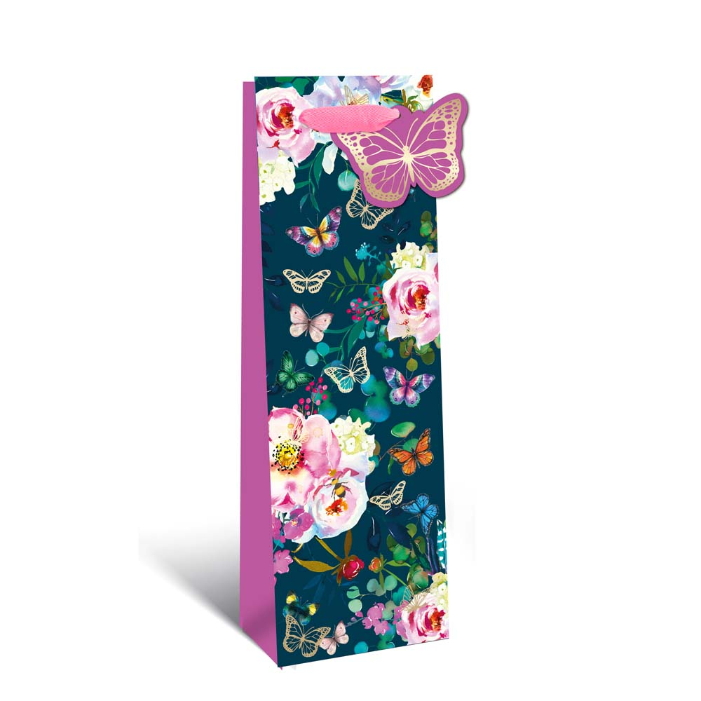 Butterfly Floral Bottle Gift Bag - Pink Ribbon Handles, Gift Tag