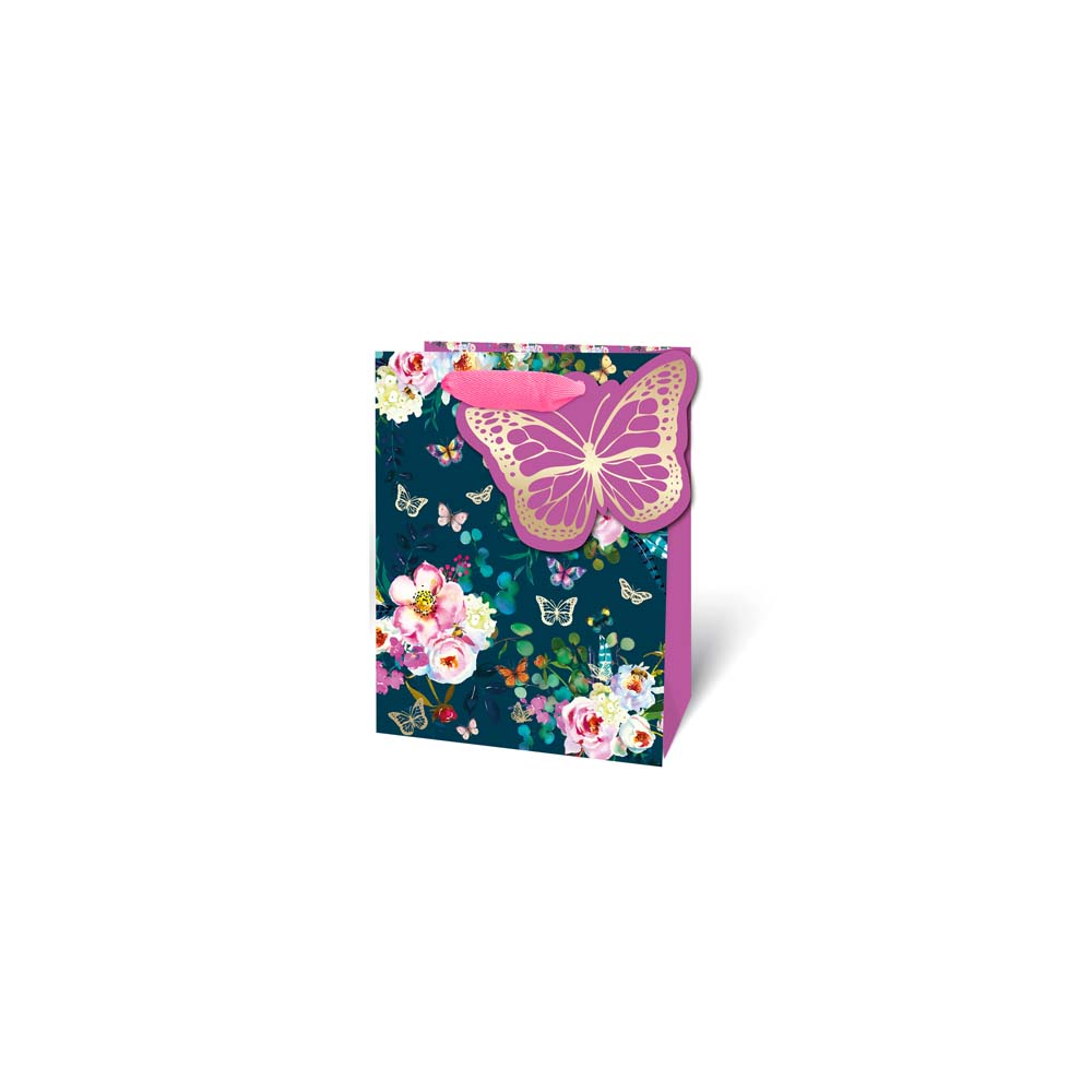 Small Butterfly Floral Gift Bag - Teal, Pink and Gold, with Gift Tag