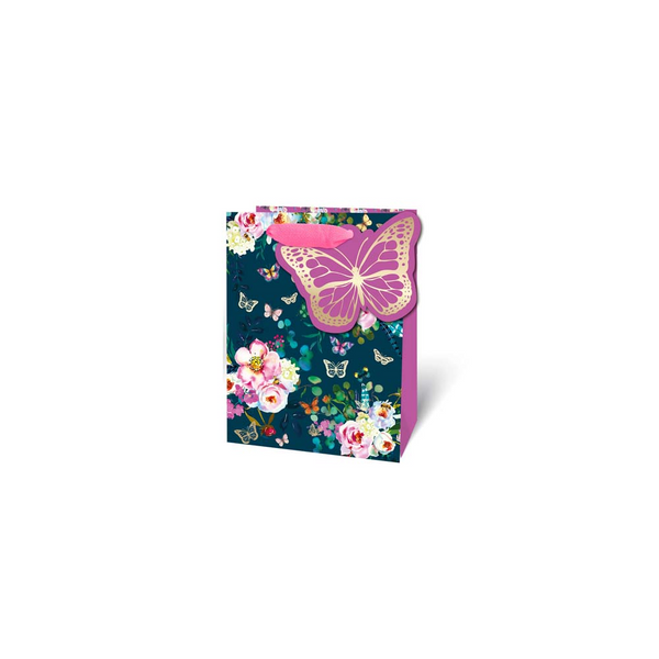 Small Butterfly Floral Gift Bag - Teal, Pink and Gold, with Gift Tag