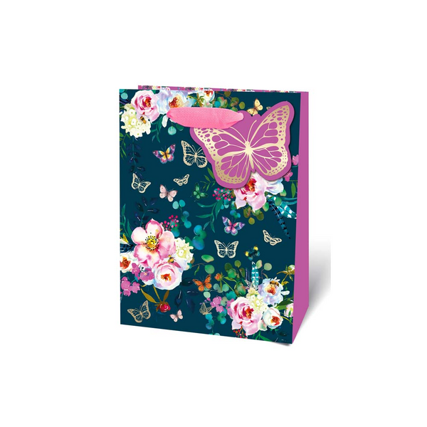 Floral and Butterfly Medium Gift Bag - Dark Teal, Pink Handles