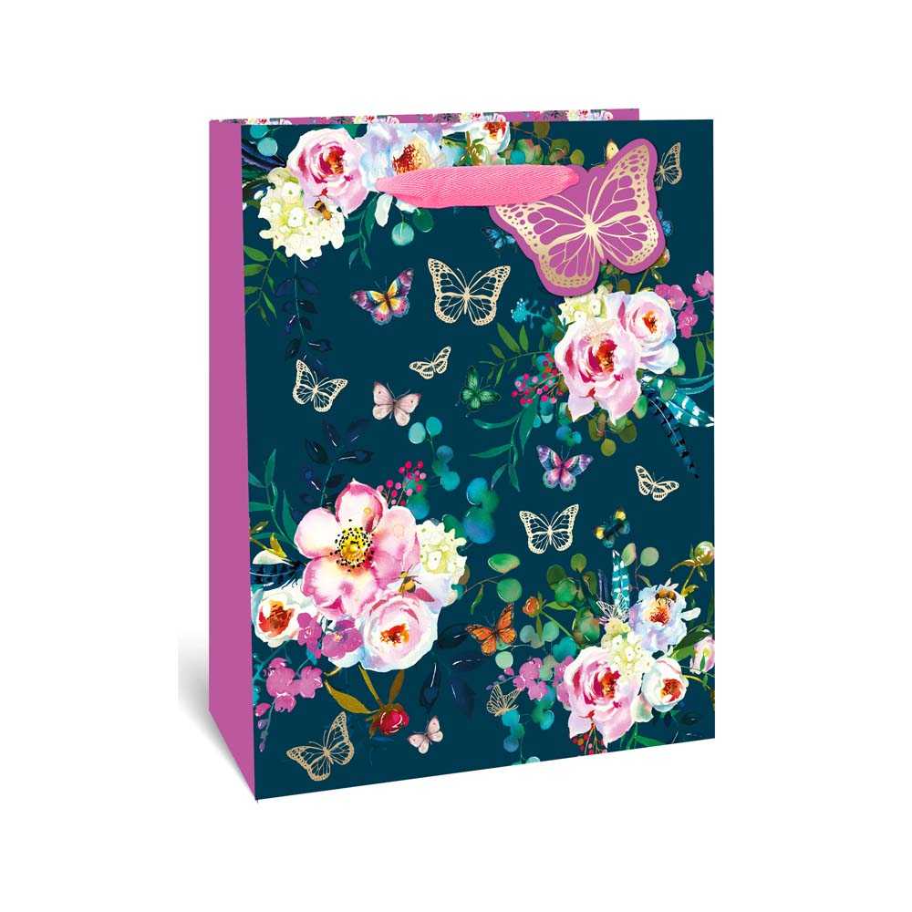 Large Butterfly and Floral Gift Bag - Dark Teal, Pink Ribbon Handles