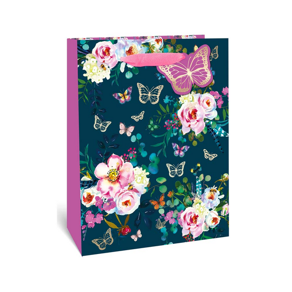 Large Butterfly and Floral Gift Bag - Dark Teal, Pink Ribbon Handles