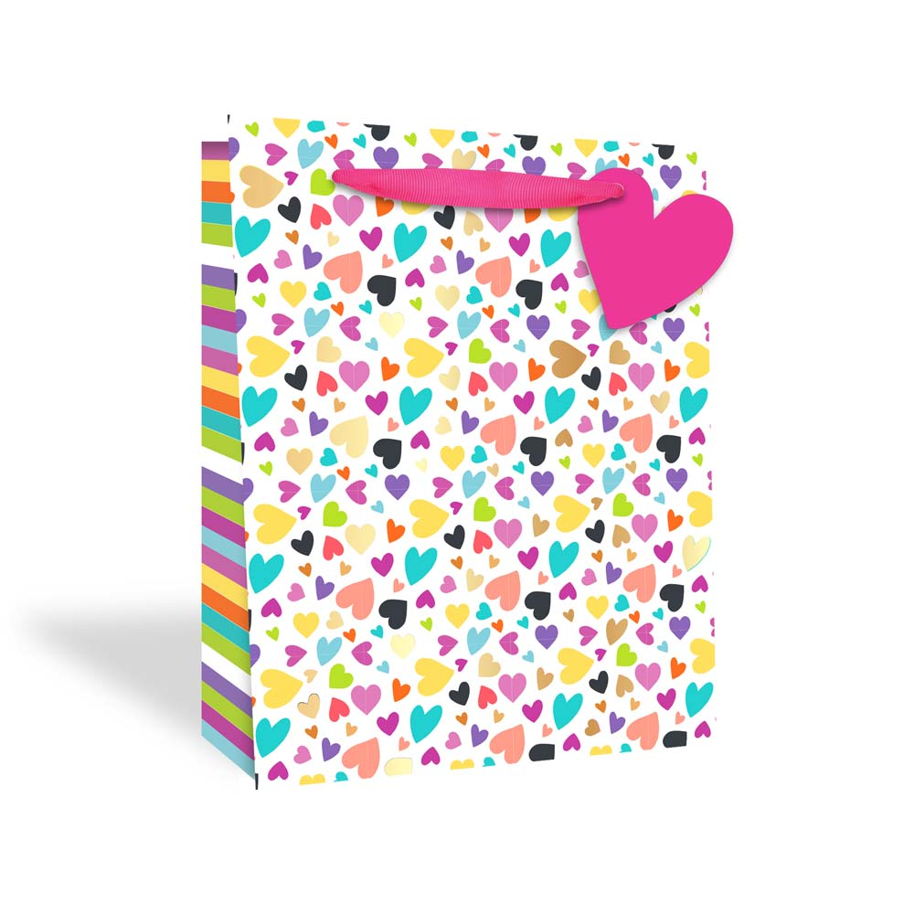 Large Heart-Themed Gift Bag - Multicolour Print, Pink Ribbon Handles