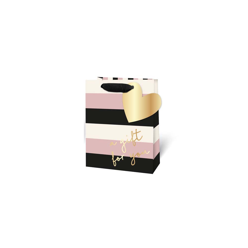 Gift for You Striped Gift Bag - Small, Gold Heart, Black Cord Handles