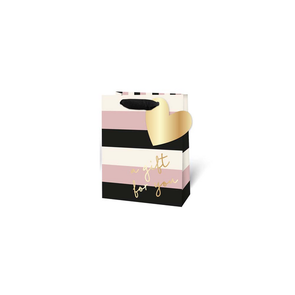 Gift for You Striped Gift Bag - Small, Gold Heart, Black Cord Handles