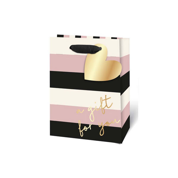 Gift for You Medium Striped Gift Bag - Gold Heart, Rope Handles