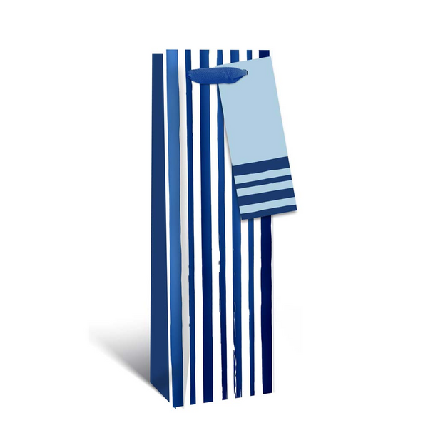 Striped Bottle Gift Bag - Blue Design, Tag and Carry Handles