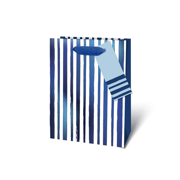 Navy and White Striped Medium Gift Bag - Glossy Finish, Blue Gift Tag
