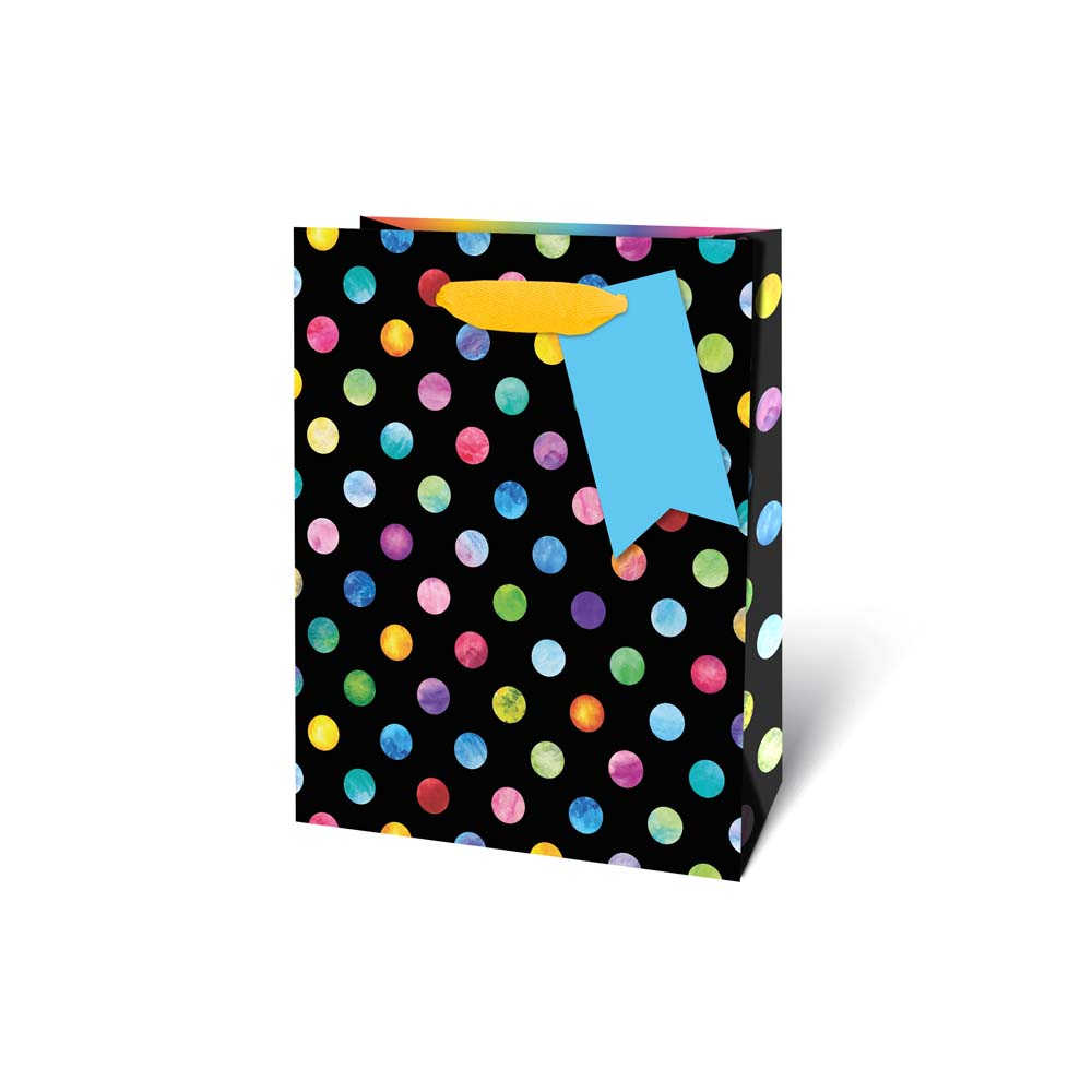 Medium Polka Dot Gift Bag - Black, Multicolour Dots, Yellow Handles