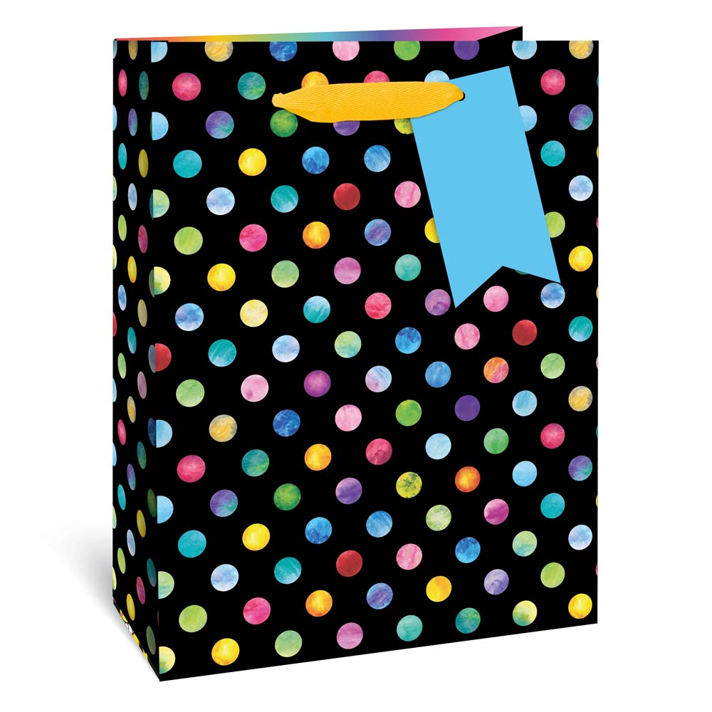 Extra Large Multicolour Polka Dot Gift Bag - Black, Blue Tag and Yellow Handles