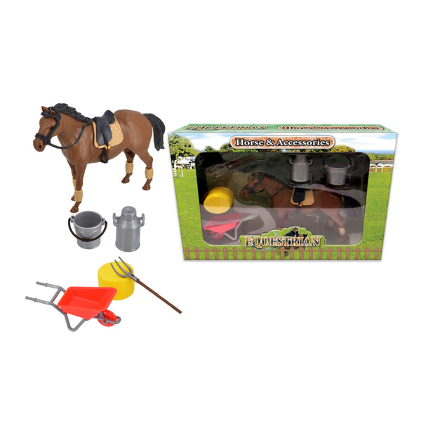 Equestrian Horse Playset with Accessories - Brown Horse, Stable Care