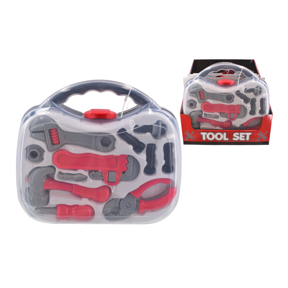 Children's Toy Tool Set in Acetate Carry Case - Assorted Tools, Red and Grey