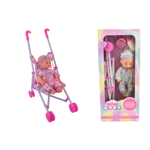 23cm Baby Doll and Pushchair Play Set - Pink and Lilac, Ages 3+