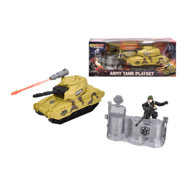 Army Tank Military Playset - Rotating Turret, Soldier Figure and Barricade