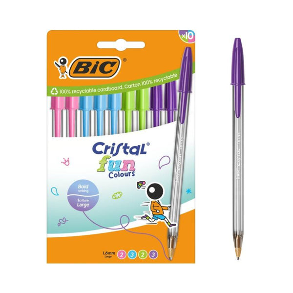 BIC Cristal Fun Colours Ballpoint Pens - Pack of 10, Assorted Colours