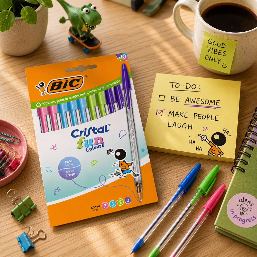 BIC Cristal Fun Colours Ballpoint Pens - Pack of 10, Assorted Colours