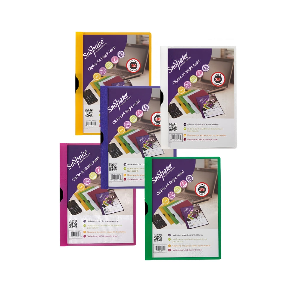 A4 Clip File Document Folder | Assorted Bright Colours, Holds 30 Sheets