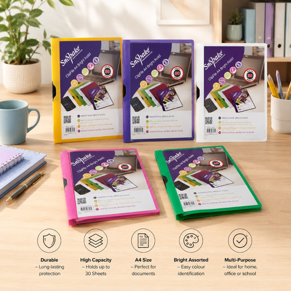 A4 Clip File Document Folder | Assorted Bright Colours, Holds 30 Sheets