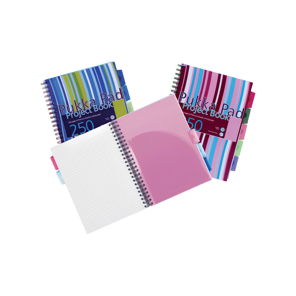 Pukka A4 Striped Project Book | 250 Pages, 5 Tabs, Assorted Colours