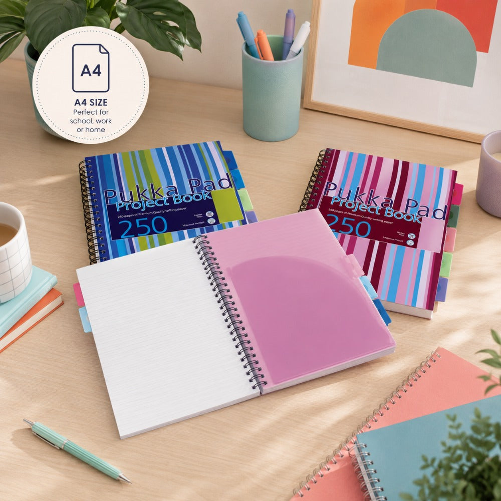 Pukka A4 Striped Project Book | 250 Pages, 5 Tabs, Assorted Colours