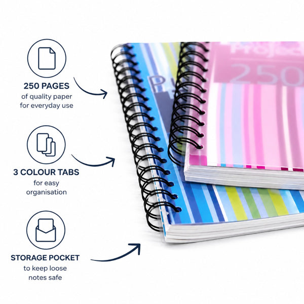 Pukka A5 Striped Project Book | 250 Pages, 80gsm, 3 Tabs, Assorted Designs