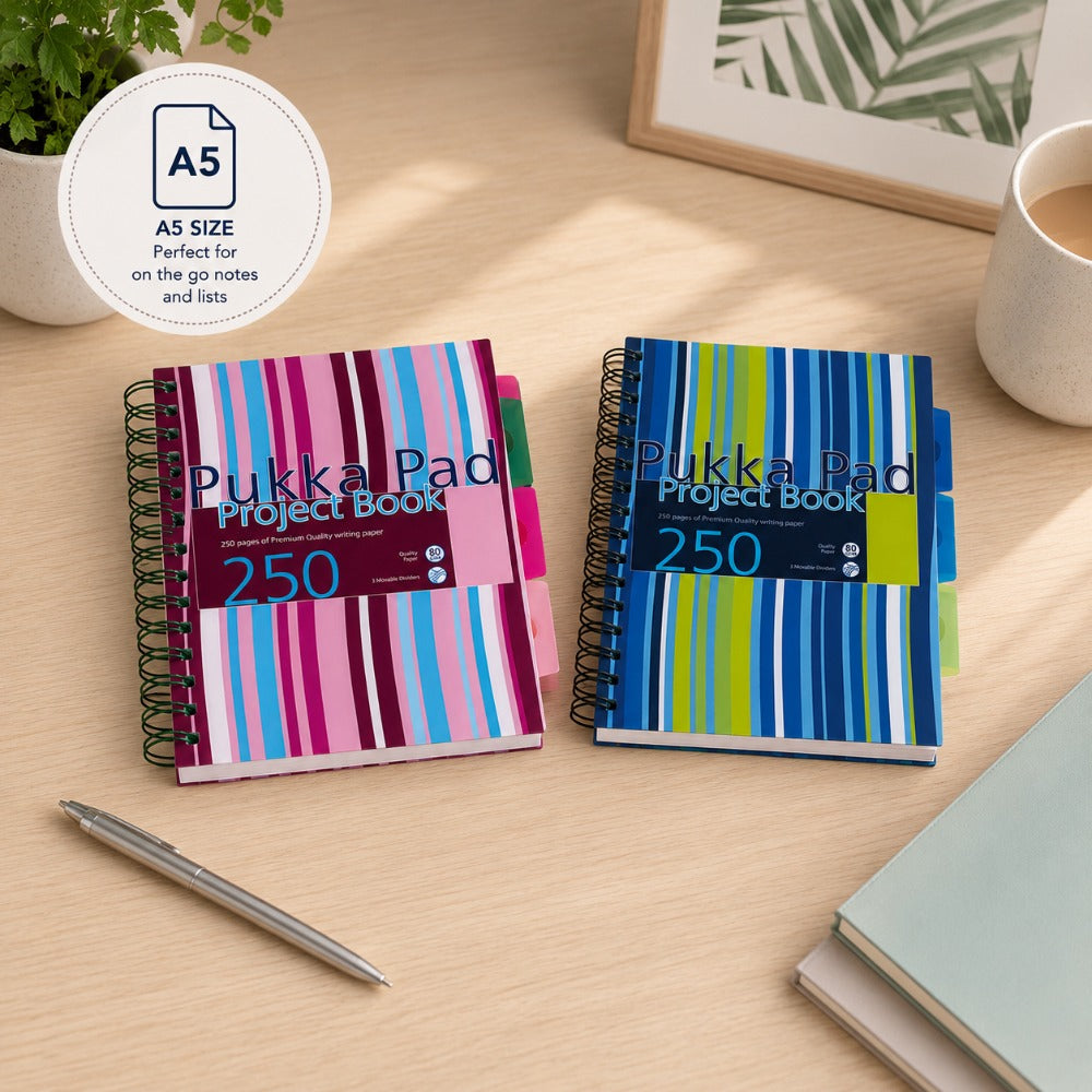 Pukka A5 Striped Project Book | 250 Pages, 80gsm, 3 Tabs, Assorted Designs