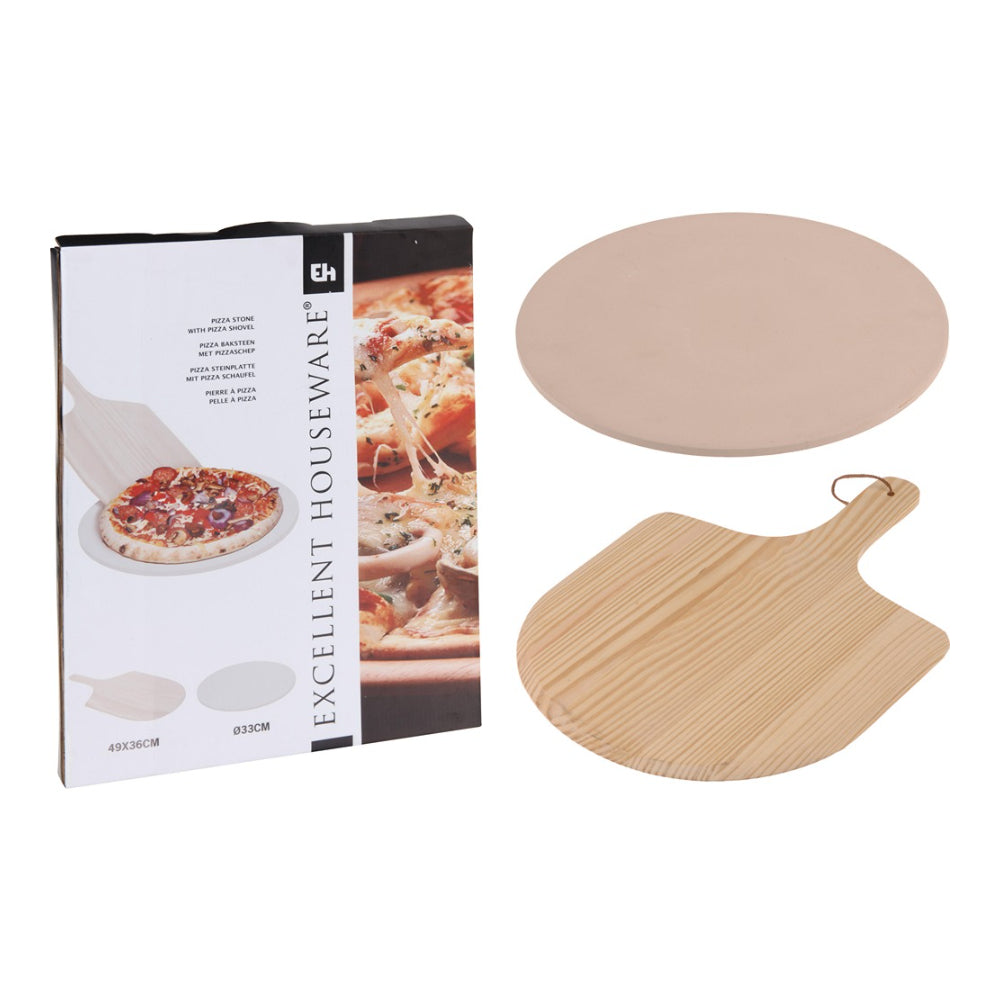 Pizza Stone and Wooden Peel Set | 33cm Stone, 49 x 36cm Peel